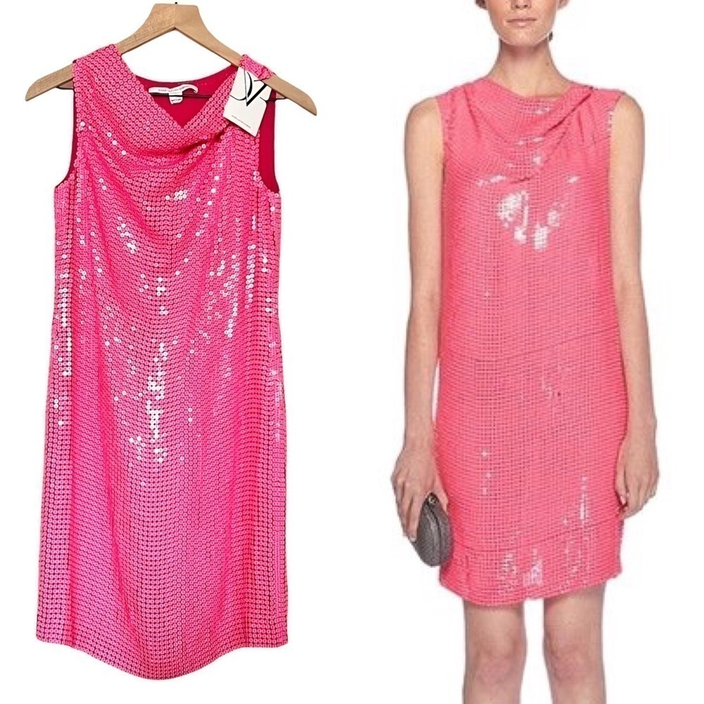 NWT DVF Silk Y2K Neon Barbie Pink Sequin Cowl Neck Sleeveless Disco Mini Dress 0